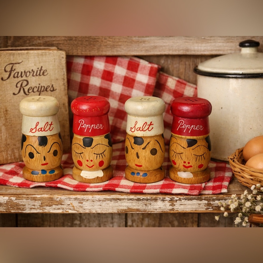 Vintage 1950s Wooden Figural Salt & Pepper Shakers – Hand Painted MCM Set of 4